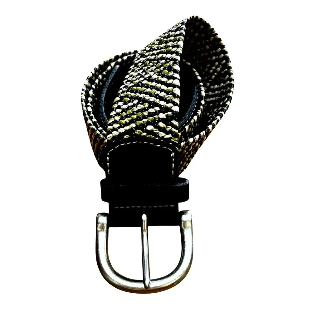 Woven belt with silvertone buckle black khaki & tan stretch casual geometric S